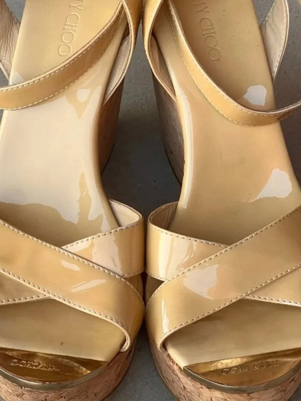 Jimmy Choo Papyrus Cork Platform Wedge Sandals Nude Patent Leather EU 41, US 11